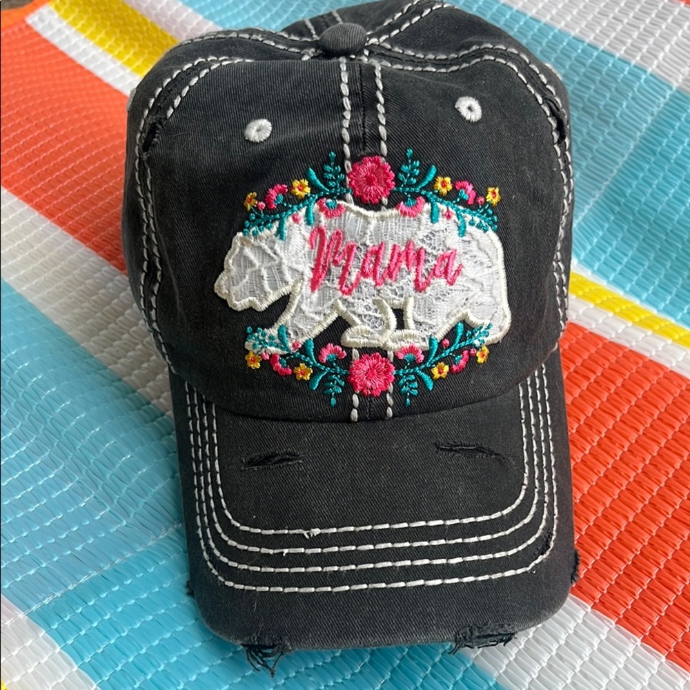 ❌SOLD❌Black Distressed Mama Cap with Floral Embroidery - Picture 2 of 10